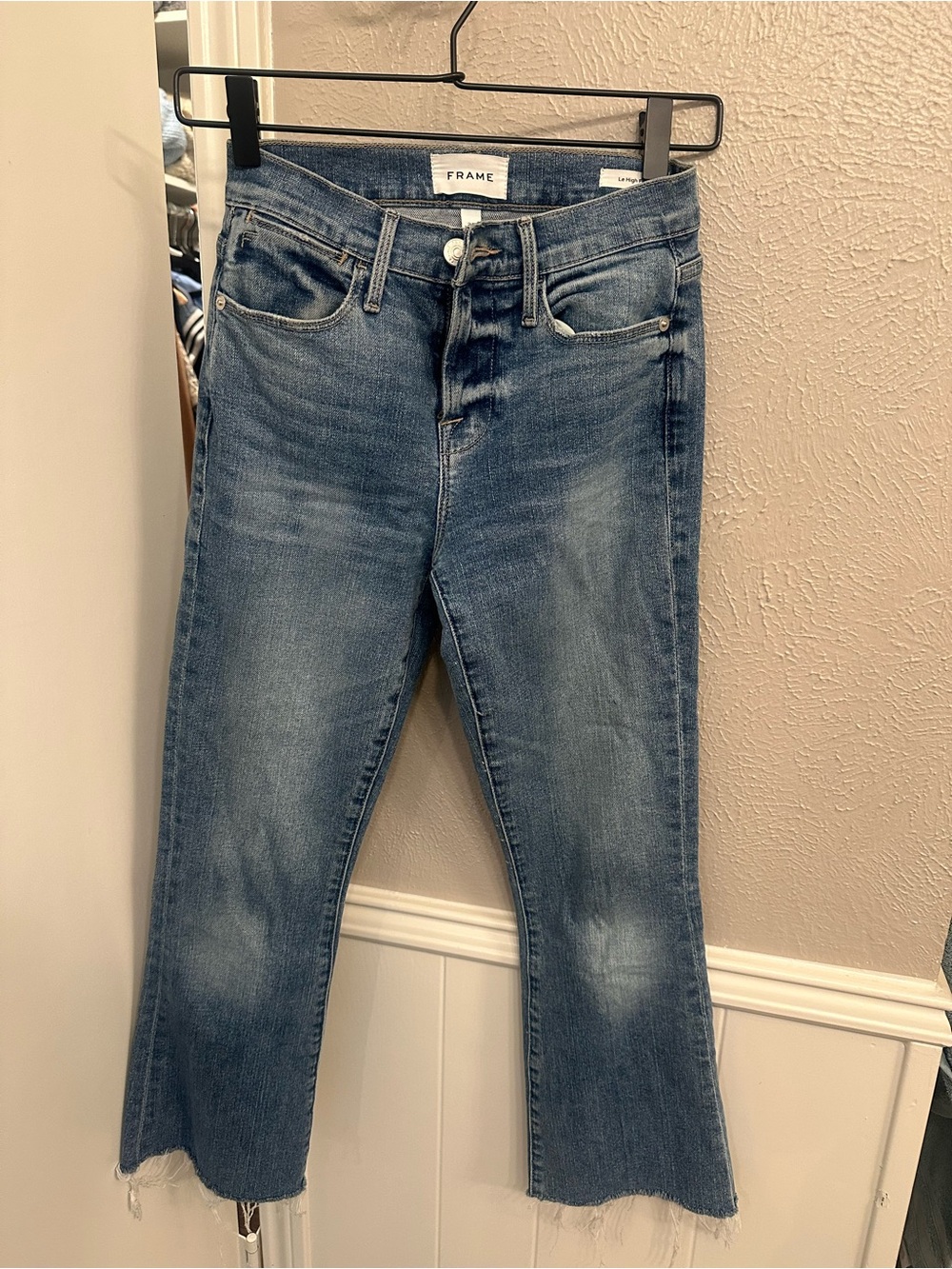 Frame Denim Medium Blue Cropped Straight Jeans with Raw Hem